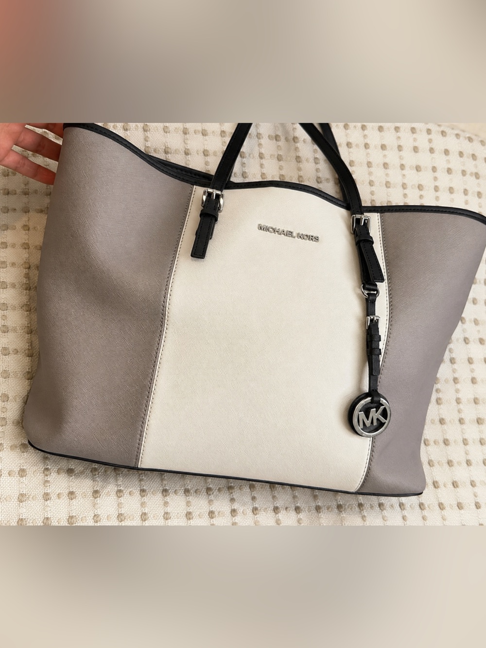 Michael Kors White & Black Saffiano Leather Tote with MK Charm